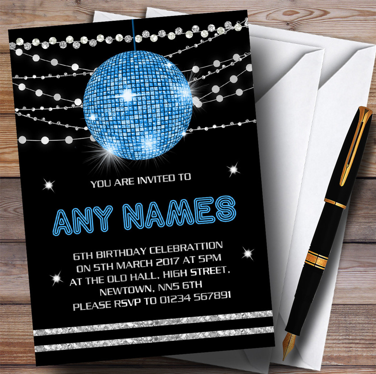 Disco Ball Blue Personalised Party Invitations